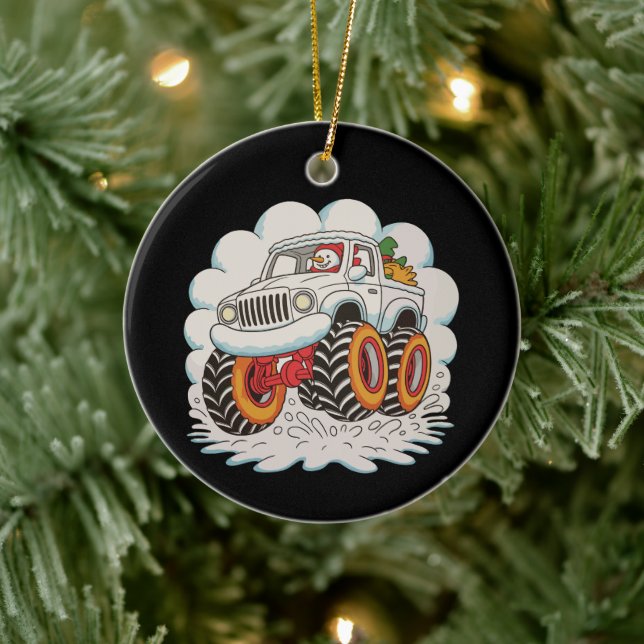 Snowman Riding Monster Truck Christmas Xmas Winter Ceramic Ornament (Tree)