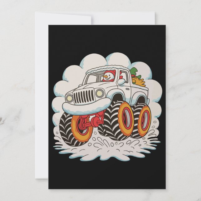 Snowman Riding Monster Truck Christmas Xmas Winter Holiday Card (Front)