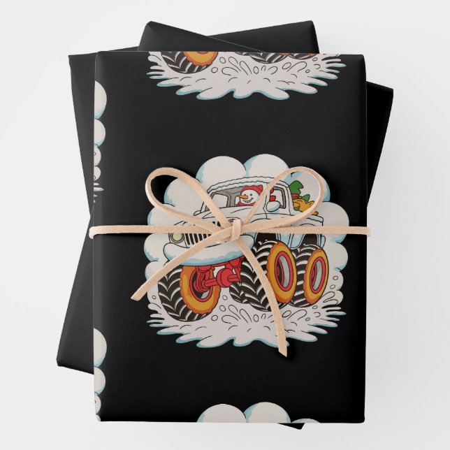 Snowman Riding Monster Truck Christmas Xmas Winter Wrapping Paper Sheets (In situ)