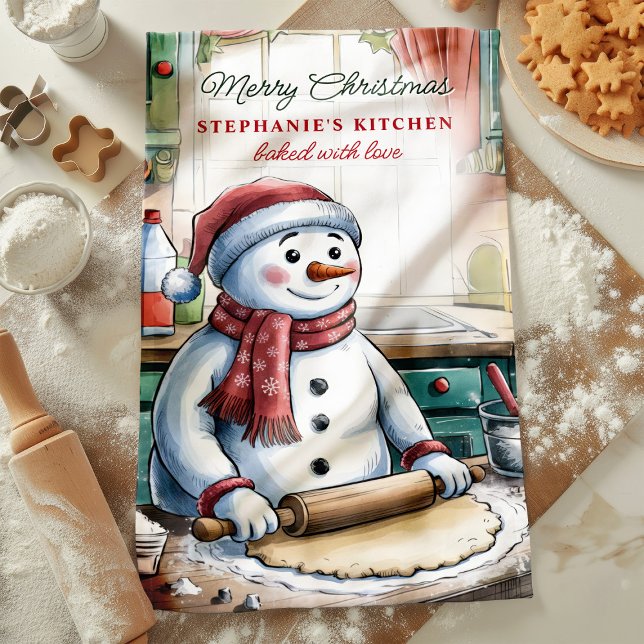 Snowman Rolling Dough Personalized Christmas Kitchen Towel (Creator Uploaded)