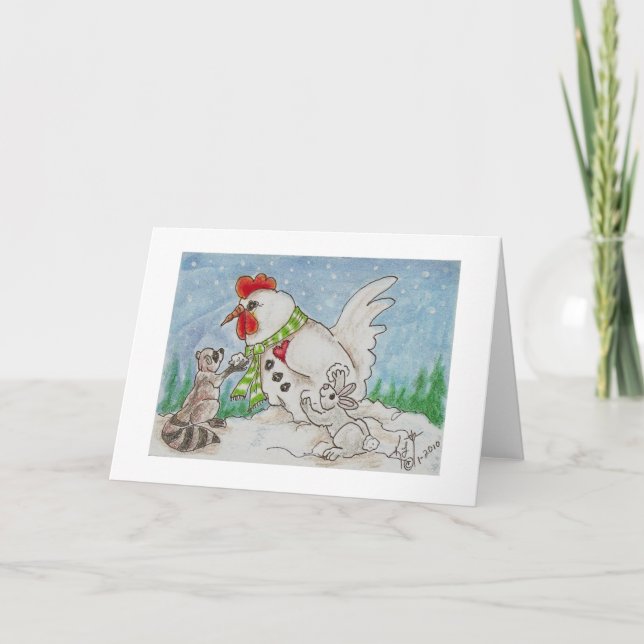 Snowman Rooster,  Raccoon and Bunny Friends Holiday Card (Front)