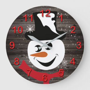 Snowman rustic wood winter snow large clock