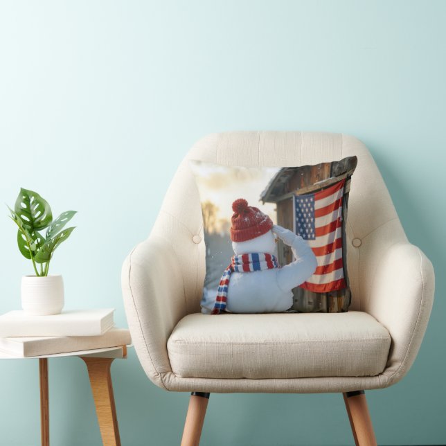 Snowman Saluting an American Flag Throw Pillow (Chair)