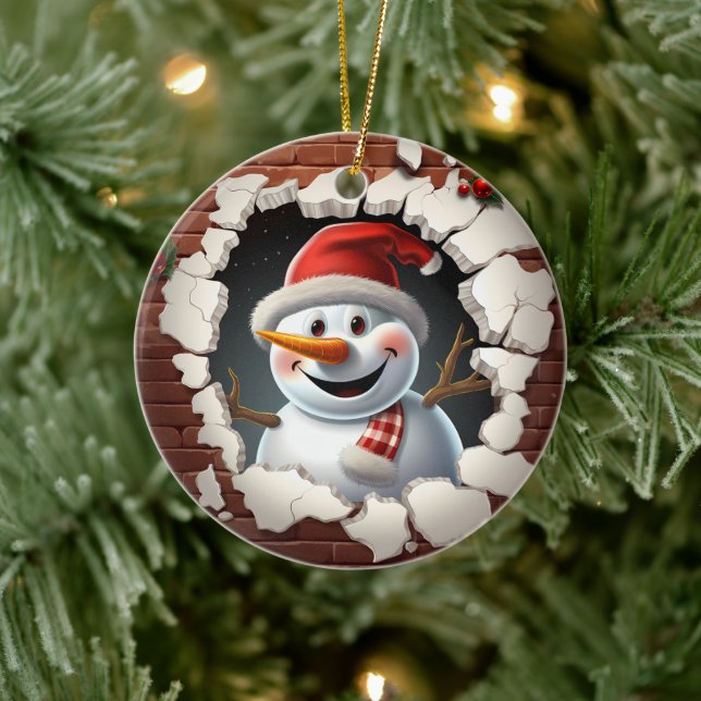 Snowman Santa Hat - 3D Ceramic Ornament (Tree)