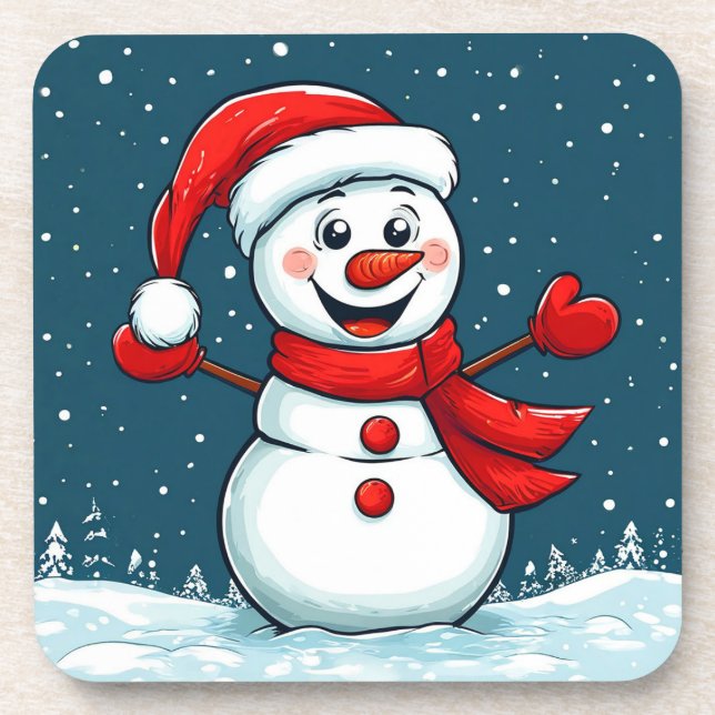 Snowman Santa Hat Christmas Holiday Fun Beverage Coaster (Front)