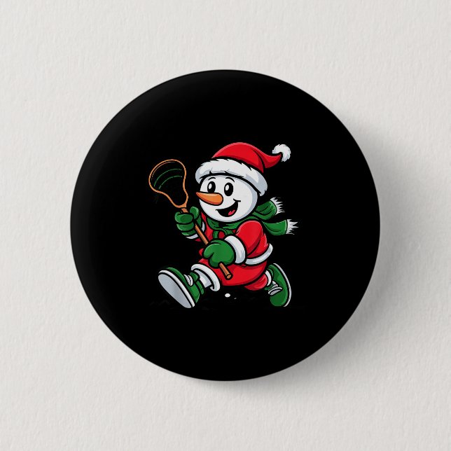 Snowman Santa Hat Playing Lacrosse Christmas Playe Button (Front)