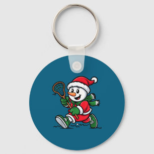 Snowman Santa Hat Playing Lacrosse Christmas Playe Keychain