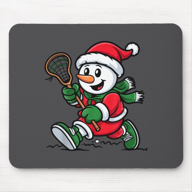 Snowman Santa Hat Playing Lacrosse Christmas Playe Mouse Pad (Front)
