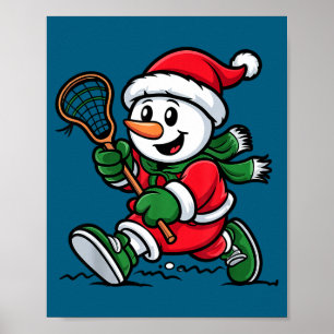 Snowman Santa Hat Playing Lacrosse Christmas Playe Poster