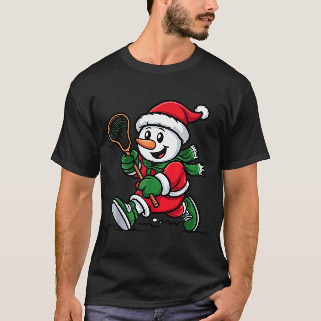 Snowman Santa Hat Playing Lacrosse Christmas Playe T-Shirt (Front)