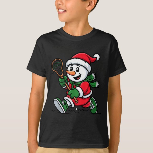 Snowman Santa Hat Playing Lacrosse Christmas Playe T-Shirt (Front)