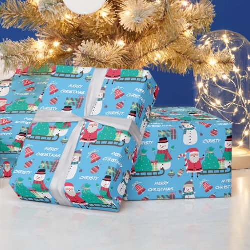 Snowman Santa Kids Personalized Blue Christmas  Wrapping Paper