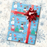 Snowman Santa Kids Personalized Blue Christmas  Wrapping Paper<br><div class="desc">This colorful and fun pattern Christmas wrapping paper is personalized with your child's own name. It features a pattern of cute Holiday images, including two snowmen, various tree ornaments, a festive bell, a candy cane, and, of course, Santa Claus and a sleigh loaded with his sack of toys. The bright...</div>