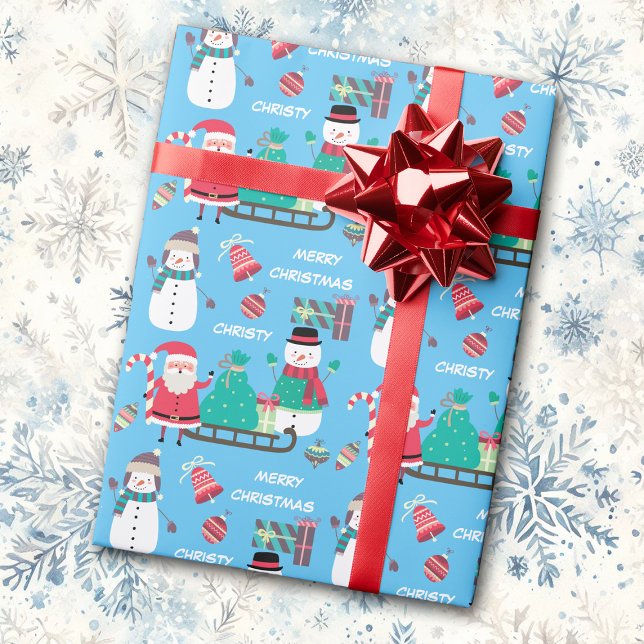 Snowman Santa Kids Personalized Blue Christmas  Wrapping Paper (Creator Uploaded)