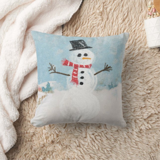 Snowman Scene Holiday Christmas Plaid Cute Winter Throw Pillow (Blanket)