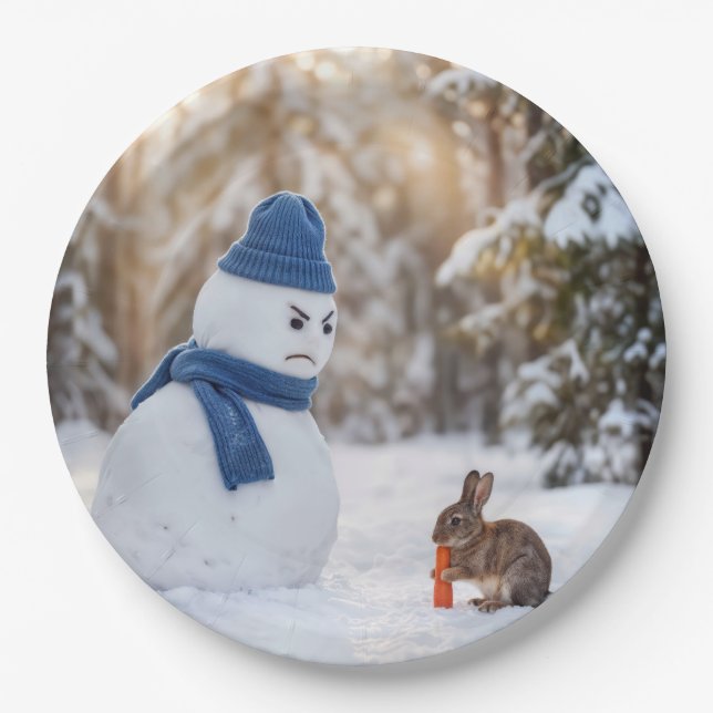 Snowman Scowling at a Rabbit Paper Plates (Front)