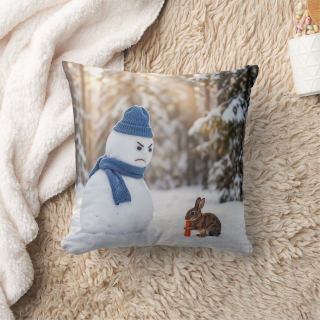 Snowman Scowling at a Rabbit Throw Pillow (Blanket)
