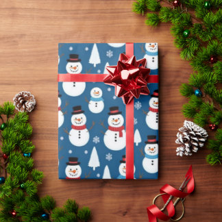 Snowman Serenity Blue Christmas Tree Wrapping Paper