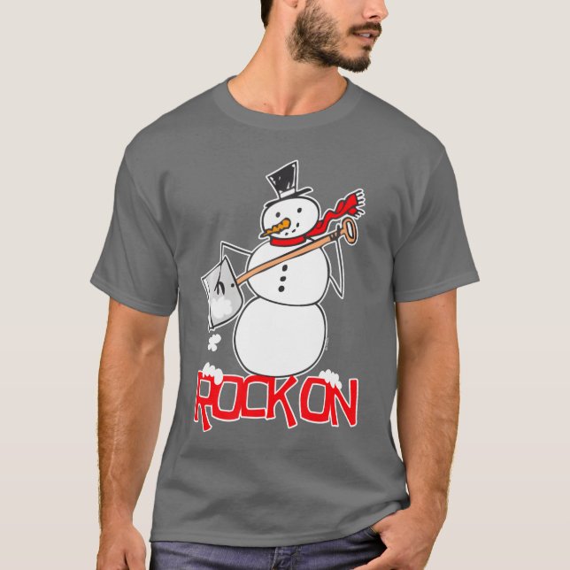 Snowman Shovel Snow Funny Rock On Air Guitar boy T-Shirt (Front)