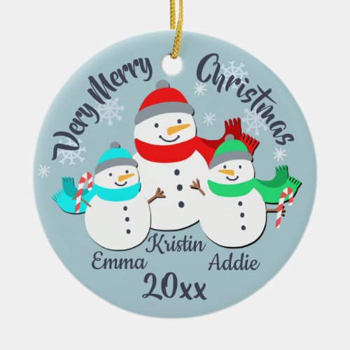 Snowman Single Parent and 2 Kids Ceramic Ornament