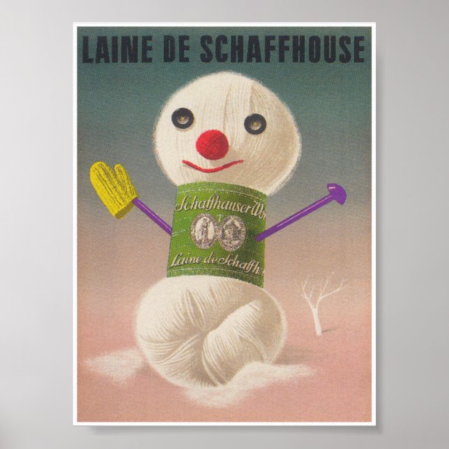 Snowman Skein of Yarn Whimsical Vintage Poster (Front)