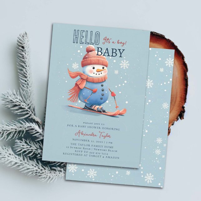 Snowman Skiing Winter Sports Blue Boy Baby Shower Invitation (winter baby boy shower invitation sports ski snowman snowflakes snow watercolor cute sweet elegant)