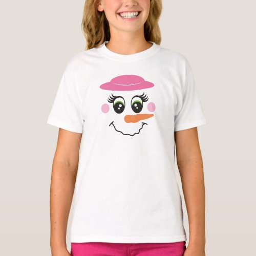 Snowman Smile Face with Pink Hat T_Shirt for Kids