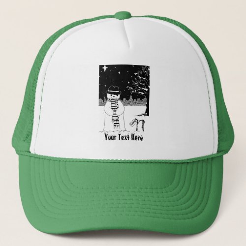 snowman smiling in the snow scene christmas trucker hat