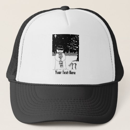 snowman smiling in the snow scene christmas trucker hat