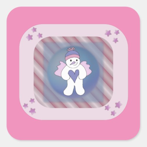 Snowman Snow Angel Pink Square Sticker