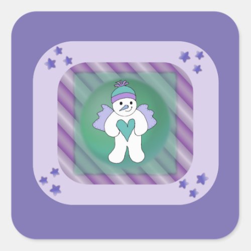 Snowman Snow Angel Purple Square Sticker