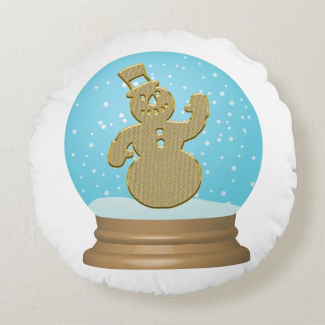 Snowman snow globe cute blue gold white round pillow (Front)