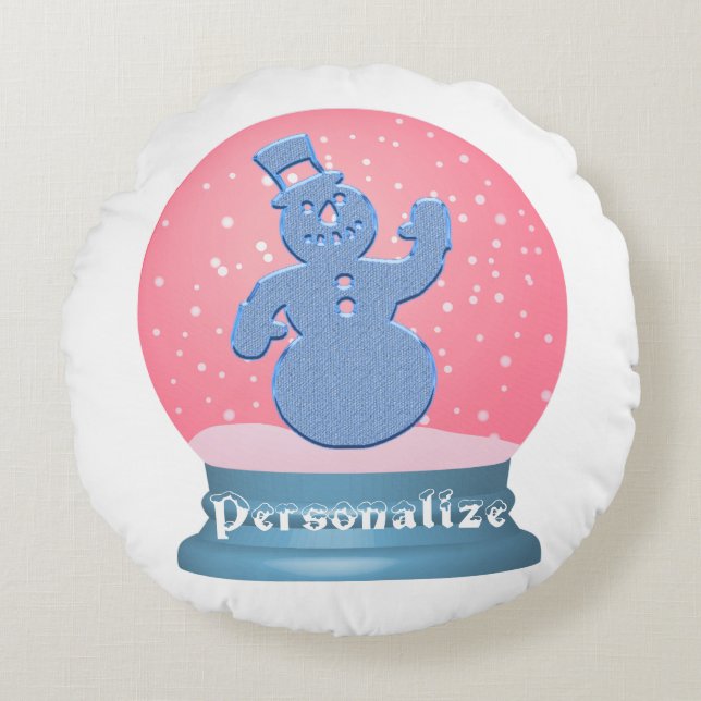 Snowman snow globe pink blue cute round pillow (Front)
