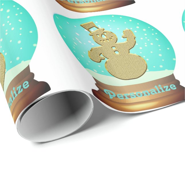 Snowman snow globe wrapping paper gold teal (Roll Corner)