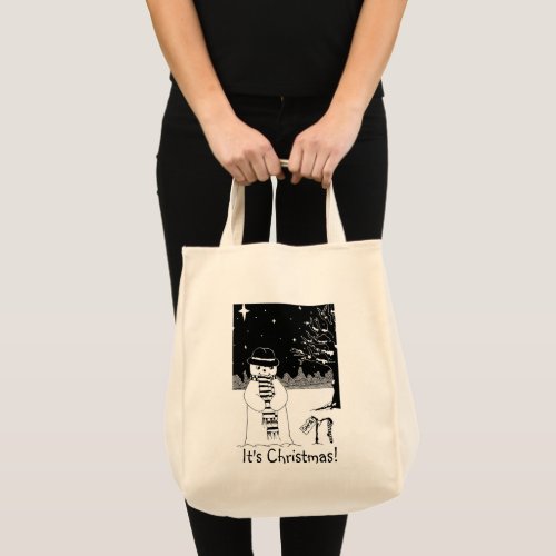 snowman snow scene black and white christmas tote bag