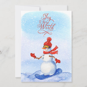 Snowman Snowboarding Watercolor Winter Christmas Holiday Card