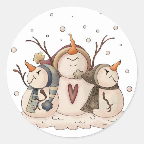 Snowman Snowflake Christmas Country Primitive Classic Round Sticker