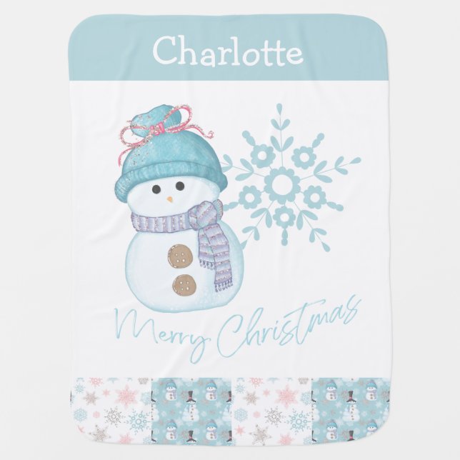 Snowman Snowflake Cute Christmas Personalized Name Baby Blanket (Front)