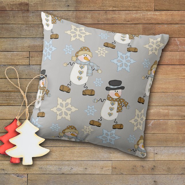 Snowman Snowflake Pattern on Silver Gray Throw Pillow (Creator Uploaded)