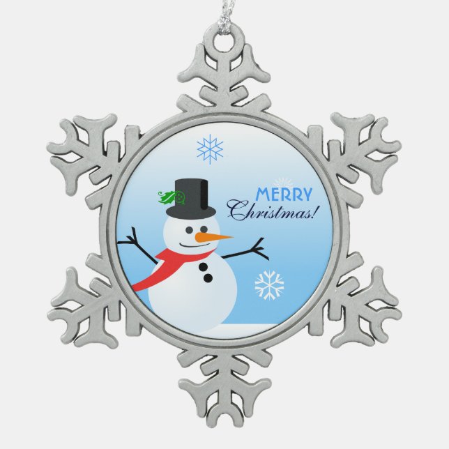 Snowman Snowflake Pewter Christmas Ornament (Front)