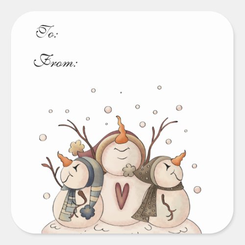 Snowman Snowflake Winter Country Primitive Square Sticker