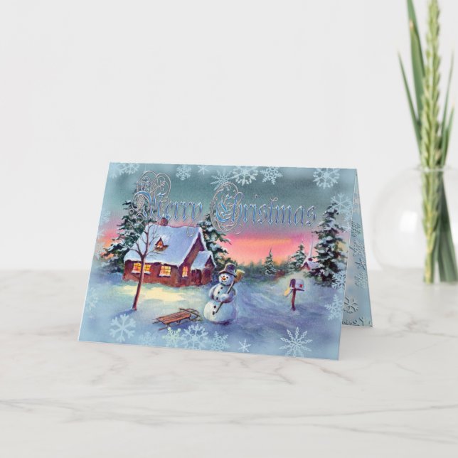 SNOWMAN & SNOWFLAKES by SHARON SHARPE Holiday Card (Front)