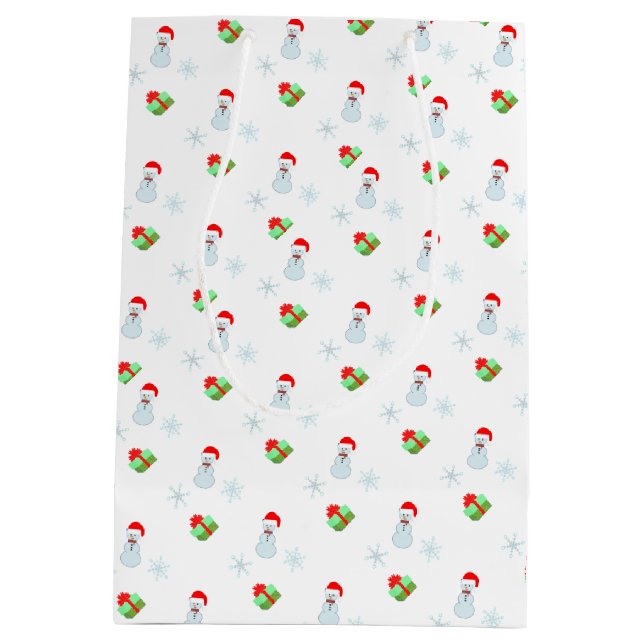 Snowman, snowflakes & gift box pattern on white medium gift bag (Back)