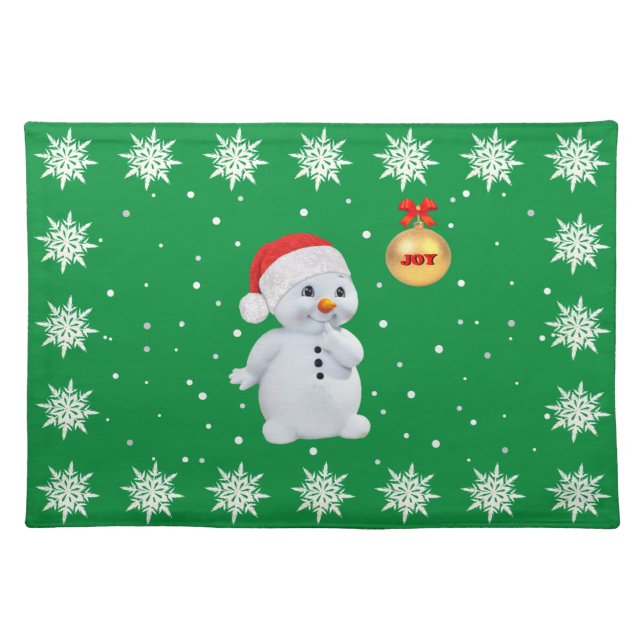 Snowman & Snowflakes on Green Cloth Placemat (Front)
