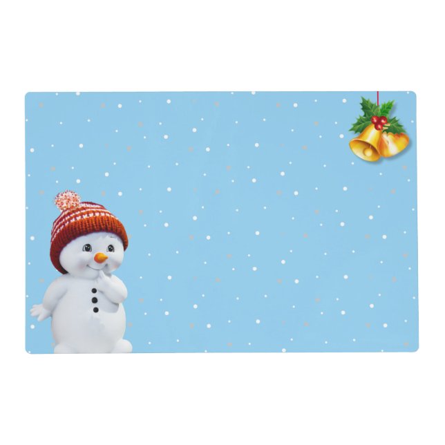 Snowman & Snowflakes on Light Blue Cloth Placemat (Front)