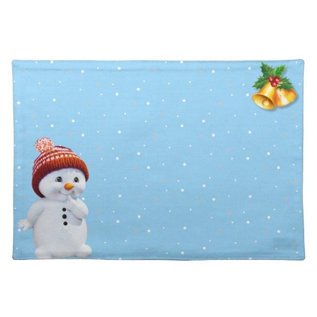 Snowman & Snowflakes on Light Blue Cloth Placemat (Front)