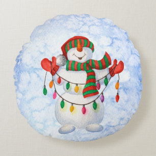 snowman snowflakes round pillow