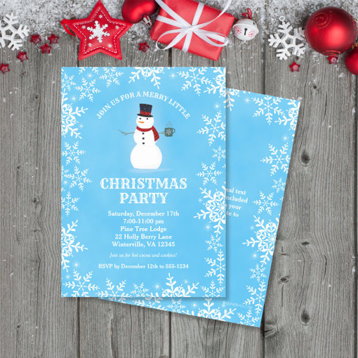 Snowman Snowflakes Watercolor Blue Christmas Party Invitation | Zazzle