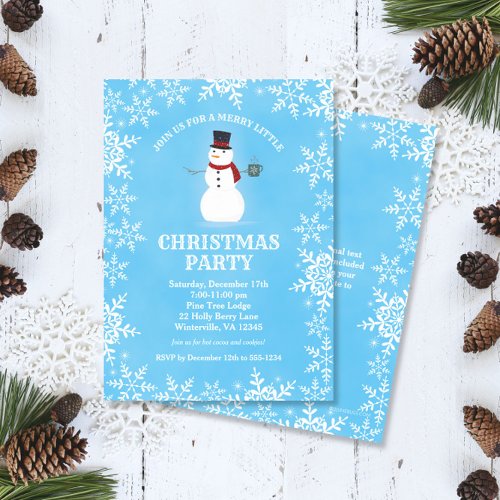 Snowman Snowflakes Watercolor Blue Christmas Party Invitation