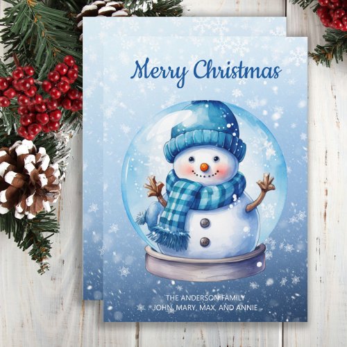 Snowman Snowglobe Blue White Merry Christmas Holiday Card